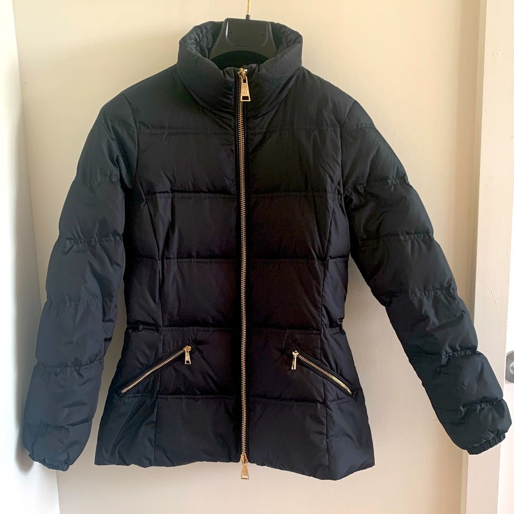 Down filled cropped navy quilted parka winter jacket/coat puffer S